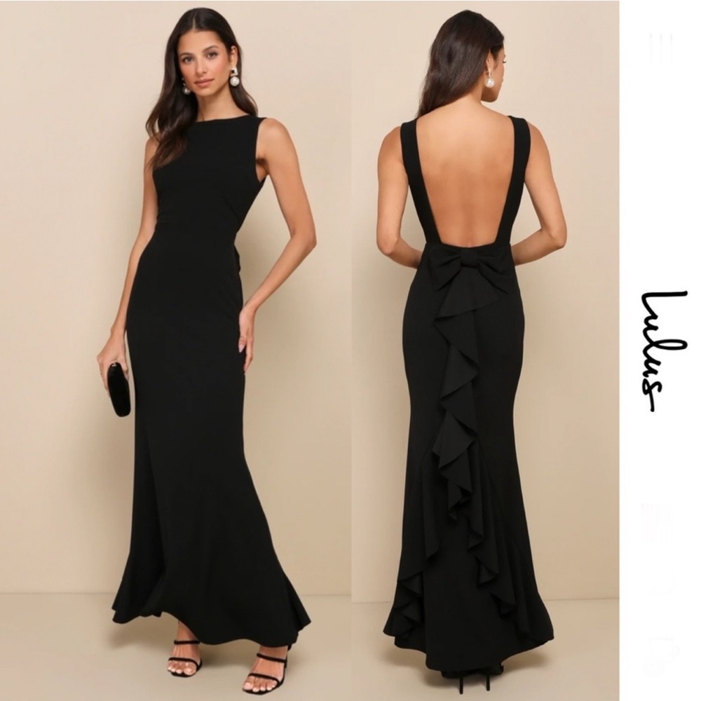 Lulu’s Exquisite Refinement Black Backless Bow Ruffled Maxi Dress